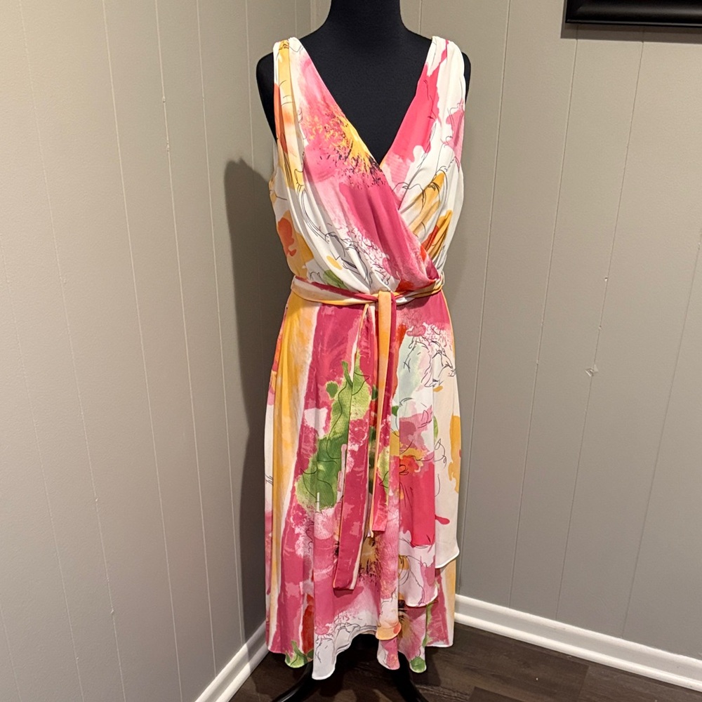 B19 Frank Lyman Design Asymmetrical Wrap Dress in Pink, Yellow, and Green